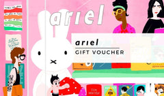 Pink card with different images of people and art